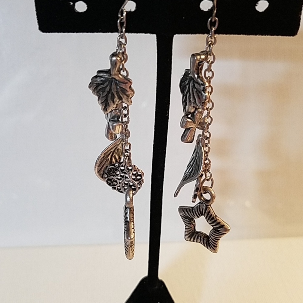 Silver Tone Star Leaf Leaves Cross Floral Flower Charm Dangle 2.5" Earrings